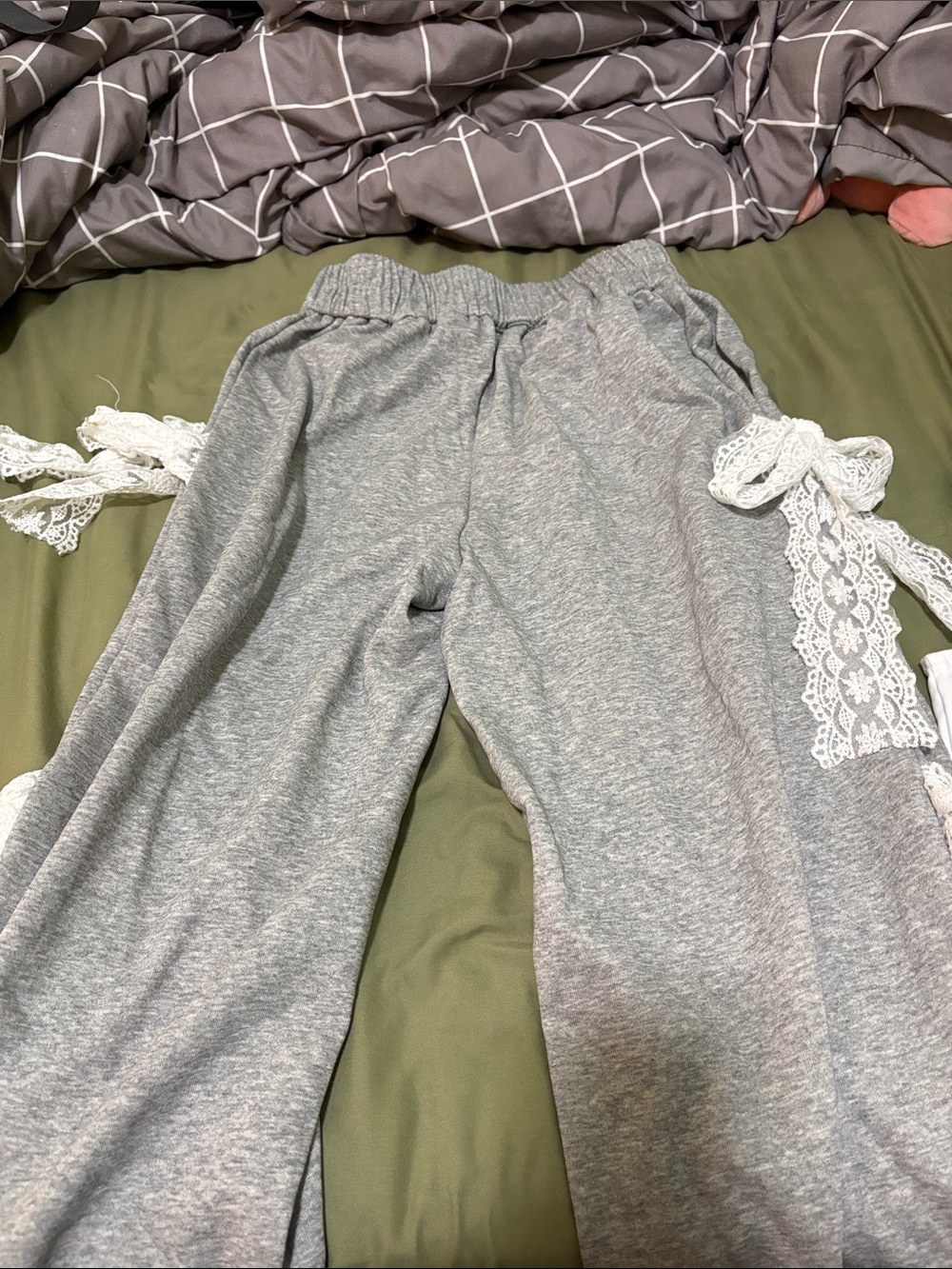 Gray Lounge Sweatpants with White Lace Bow Ties, Wide Legged